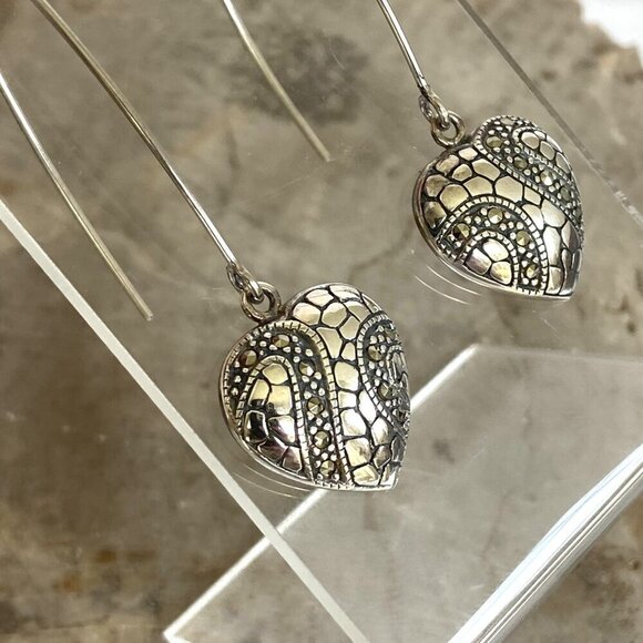 Sterling Silver 925 Marcasite Puffy Heart Threader Style Dangle Drop Earrings - Picture 16 of 16